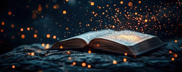 Open book under starry sky inspiring universe of learning concept. An open book surrounded by magical glowing particles.