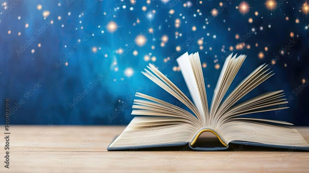 Poster open book under starry sky reflecting universe of knowledge concept. an open book with glowing stars
