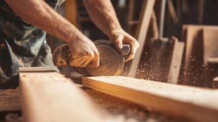 Carpenter cutting wooden beams with saw. Featuring woodworking and construction tasks