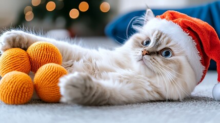 Christmas ragdoll cat with santa hat and yarn toys