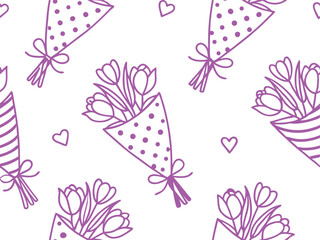 Hand Drawn Tulip Bouquet Seamless Pattern with Hearts.
tulip, bouquet, seamless, flower, heart, pattern, sketch, romantic, wrapping, spring.