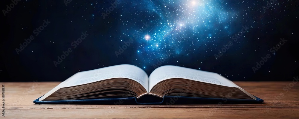 Poster open book under starry sky revealing universe of imagination concept. an open book with a cosmic bac