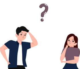Confused woman and man thinking together. People with question marks thinking and touching chin