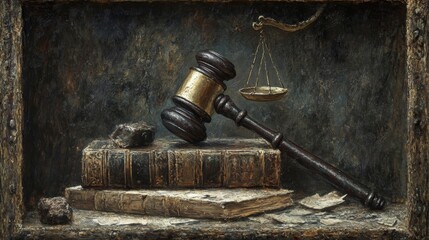 Antique Gavel and Scales on Old Books in Dark Setting