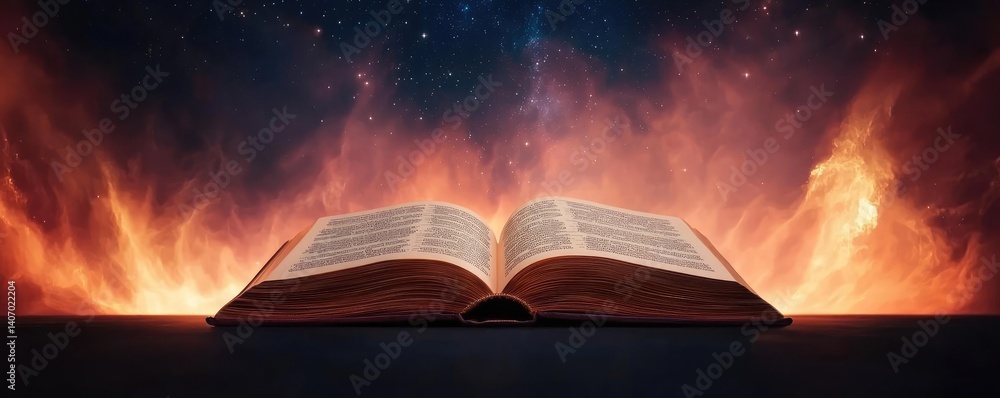 Poster open book under starry sky inspiring universe of learning concept. an open book with fiery backgroun