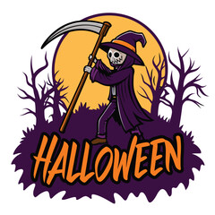 Cartoon Grim Reaper Character With Scythe For Halloween Illustration Design