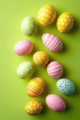 Obraz premium Assorted Easter Eggs with Stripes and Dots on Light Green Paper Background, Flat Lay