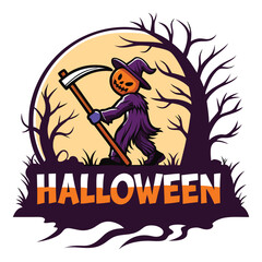 Pumpkin Head Grim Reaper Walks Under Full Moon Celebrating Halloween