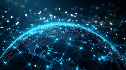 abstract digital network with glowing blue connections around the planet earth symbolizing global communication internet technology and worldwide connectivity
