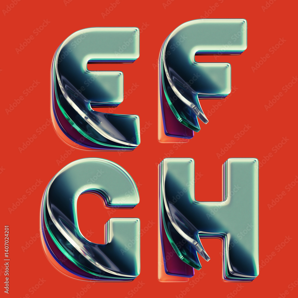 Poster 3d rendered font set with letters made of shiny glass layers