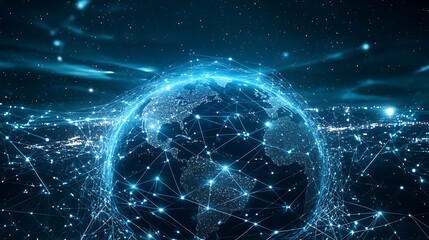 abstract digital network with glowing blue connections around the planet earth symbolizing global communication internet technology and worldwide connectivity