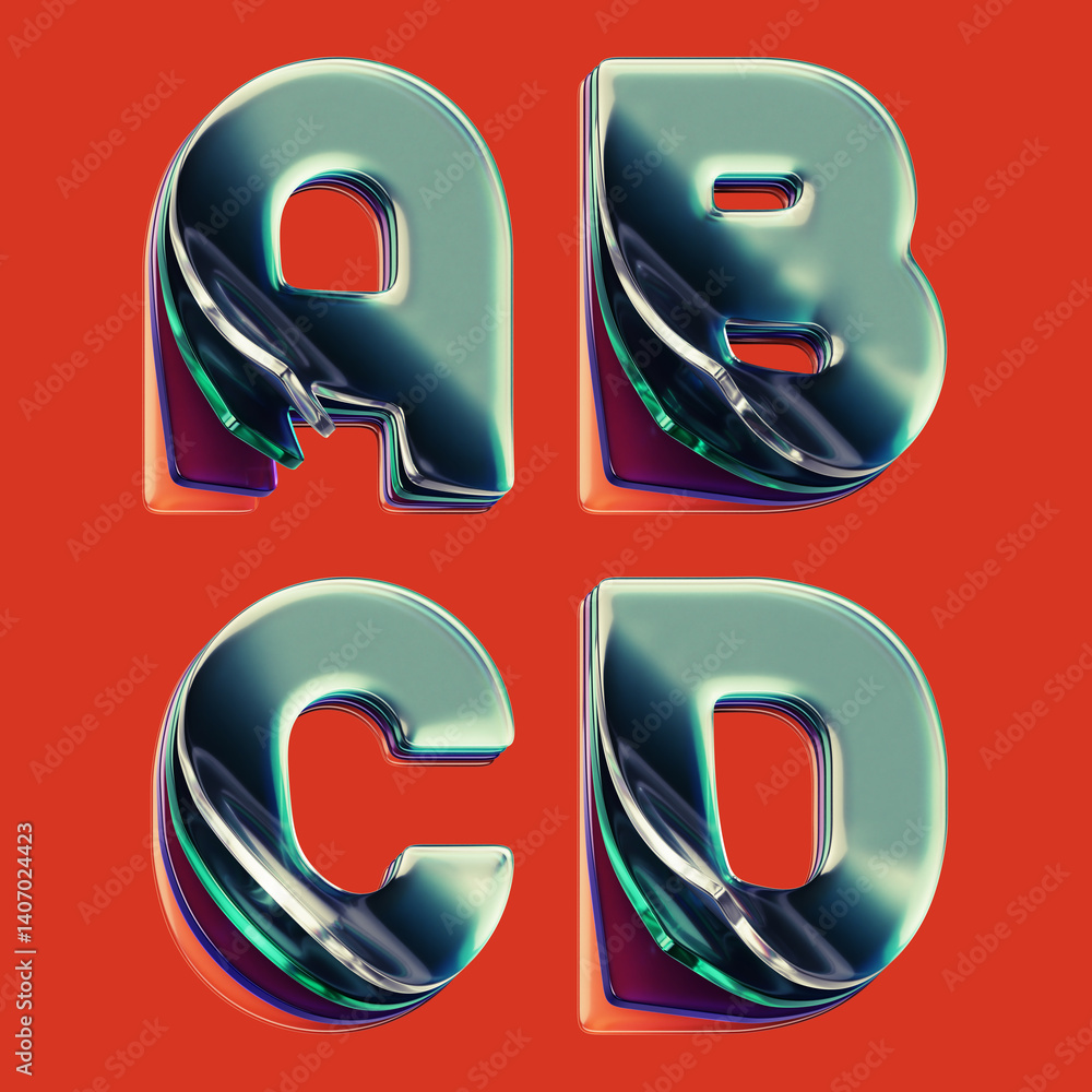Poster 3d rendered font set with letters made of shiny glass layers