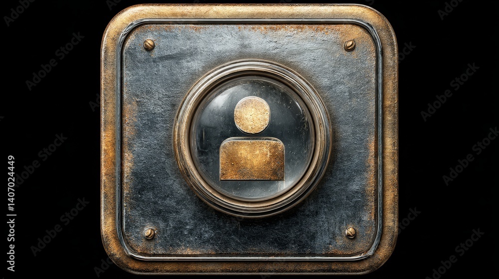Poster intricate metallic square with button, closeup exploration of texture and design