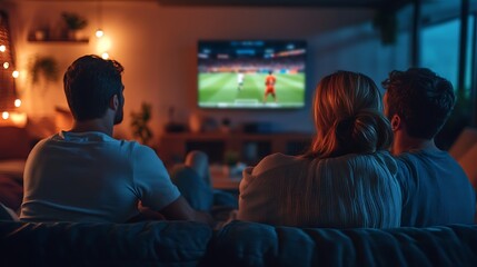 sports fans watching a football match on tv at home cheering celebrating and enjoying the excitement of the game with friends in a relaxed atmosphere
