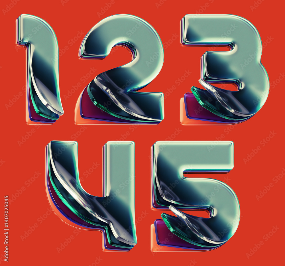 Poster 3d rendered font set with letters made of shiny glass layers