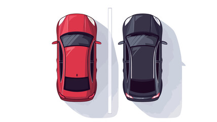 Fototapeta premium The image shows a digital illustration of two cars viewed from directly above. One car is red and the other is black. They are parked parallel to each other