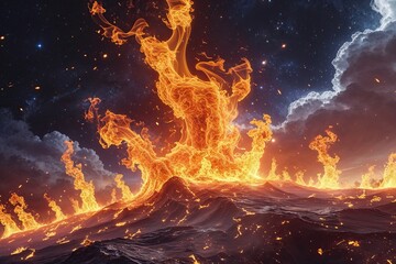Explosive Flames: Abstract Landscape with Cosmic Shine and Vivid Energy