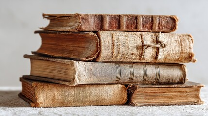 Stack of antique, worn books with aged leather and paper covers.