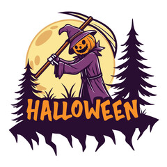Pumpkin Head Grim Reaper With Halloween Text In A Spooky Forest