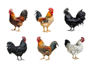 Roster chicken standing set collection on transparent background 