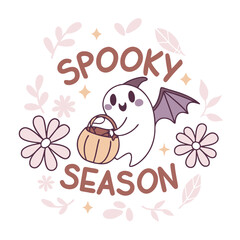 Cute Halloween Ghost With Pumpkin Basket And Floral Decorations