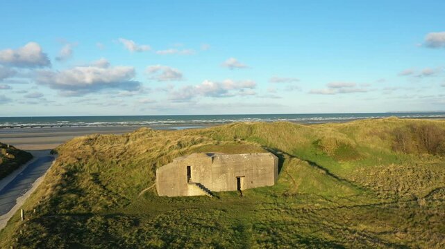 A war shelter on historic Utah Beach in Europe, France, Normandy, near Carentan, in spring on a sunny day.&nbsp;