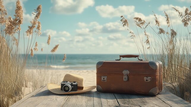 Vintage Travel Scene by the Beach, Vintage suitcase and camera on a wooden table by a beach window, with tropical plants and a straw hat - Powered by Adobe