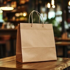 Brown kraft paper bag artfully placed on a table, set against an out-of-focus restaurant background, evoking a natural and rustic ambiance. The composition meticulously captures the bag's texture, 