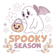 Cute Halloween Ghost With Pumpkin Bucket Spooky Season Celebration Illustration