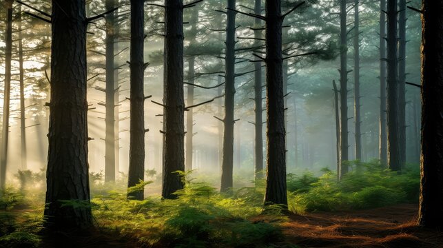 mist pine tree in a forrest
