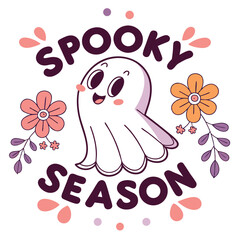 Cute Halloween Ghost With Flowers And Spooky Season Text Illustration