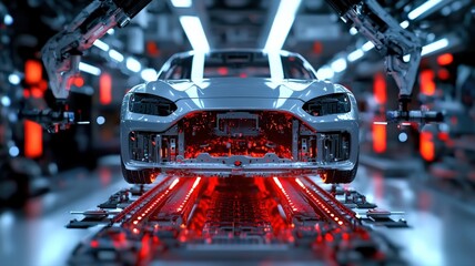 Robotic arms assembling a car chassis on an advanced automobile production line, futuristic factory, ultra-HD