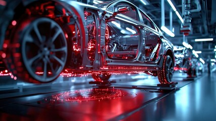 Robotic arms assembling a car chassis on an advanced automobile production line, futuristic factory, ultra-HD