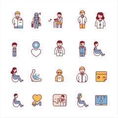Healthcare icon set diverse medical conditions, accessibility features, telehealth.  Includes symbols for disabilities, remote monitoring, virtual consultations.  Friendly style, consistent