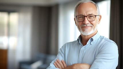 Obraz premium happy corporate manager smiling in bright office space confidently posing with arms crossed and glasses showing professionalism and authority