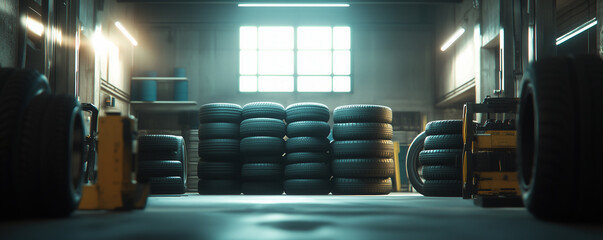 Tires stacked neatly on metal jacks in a well lit garage space with natural light filtering through windows