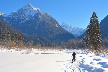 Skier gliding down snow-covered mountain in vibrant winter landscape under clear blue sky