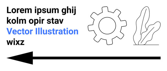 Gear, bold arrow, abstract leaf, and placeholder text combine modern styles. Ideal for technology, business, workflow, navigation, direction process and simple landing page