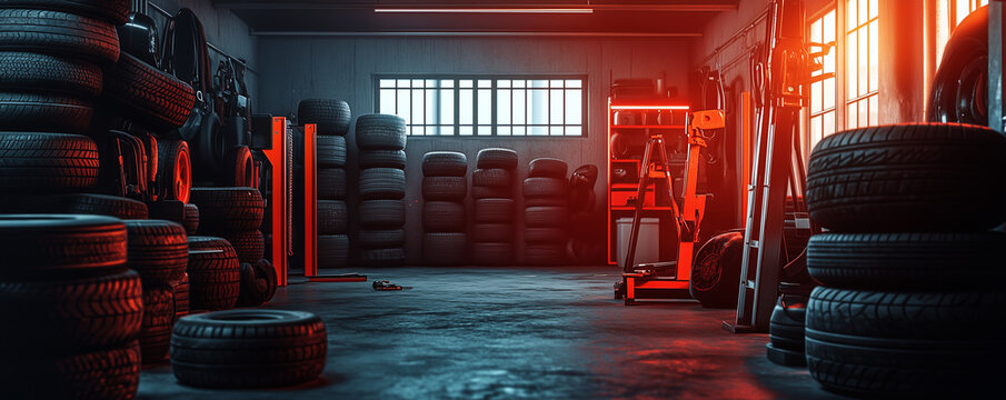 Car tires stacked neatly in rows with metal jacks in a well lit garage during daylight hours