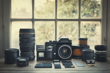 Different film camera lenses and memory cards on wooden surface with natural light streaming through window