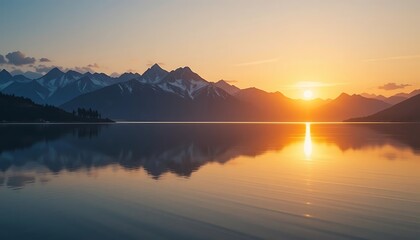 Fototapeta premium Serene Sunset: Mountain Lake Reflection in Golden Hues