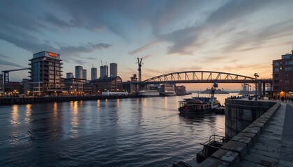 Fototapeta premium Serene Sunset Cityscape: River, Bridge, and Modern Architecture