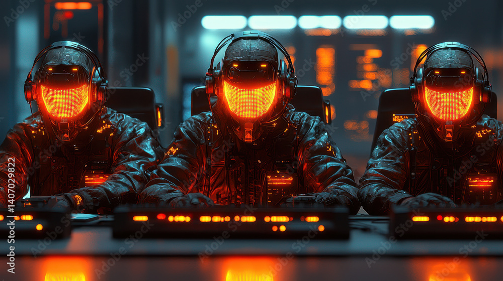 Poster anonymous electronic musicians perform in glowing masks on futuristic stage with algorithmic visuals