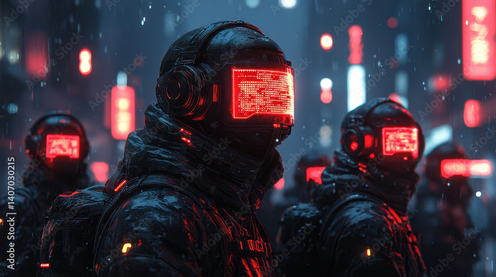 Poster mysterious musicians in elaborate masks perform in a glowing, dystopian concert space filled with di