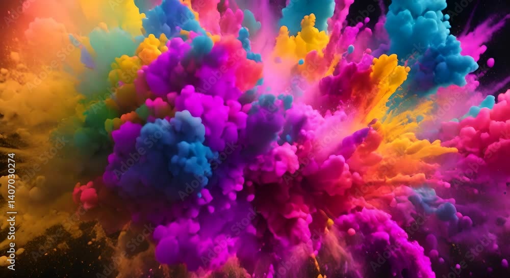 Poster explosion of bright colorful paint on black background burst of multicolored powder abstract pattern