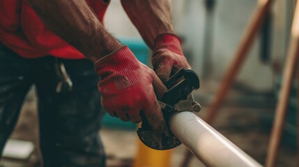 Laborer cutting PVC pipes at a construction site. Featuring accuracy and technique