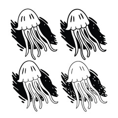Obraz premium Set of 4 Blanket Octopus Icons– Exotic Marine Creatures with Flowing Tentacles in Oceanic Backgrounds, Vibrant Underwater Wildlife Art for Nature and Sea Life Themes