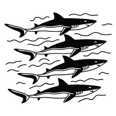 Fototapeta premium A School of Sharks Swimming Gracefully Through Ocean Waves Artistic Black and White Illustration