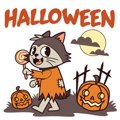 Halloween Cat In Costume With Pumpkins And Candy Illustration Vector