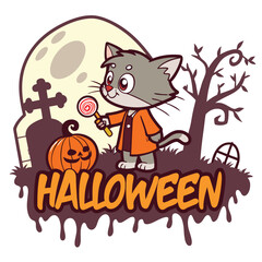 Cute Cat With Candy And Halloween Theme Background Illustration For Celebrations